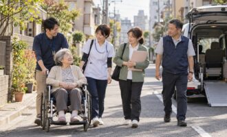 荒川区の街で高齢者の外出を支える看護師・リハビリ職・ケアマネジャー・介護福祉タクシースタッフのイメージ