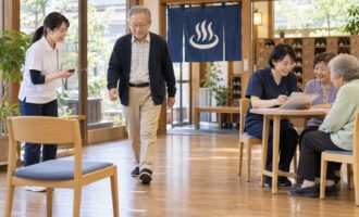 荒川区の地域で歩行測定と健康相談を行う専門職のイメージ