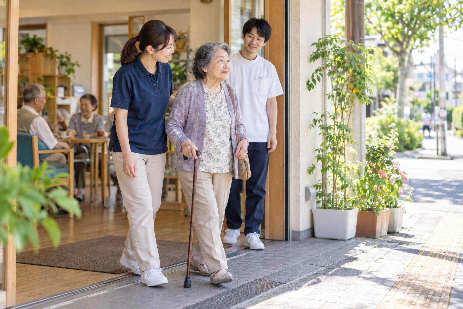 デイサービスから地域へ出かける高齢者を介護スタッフと理学療法士が見守るイメージ
