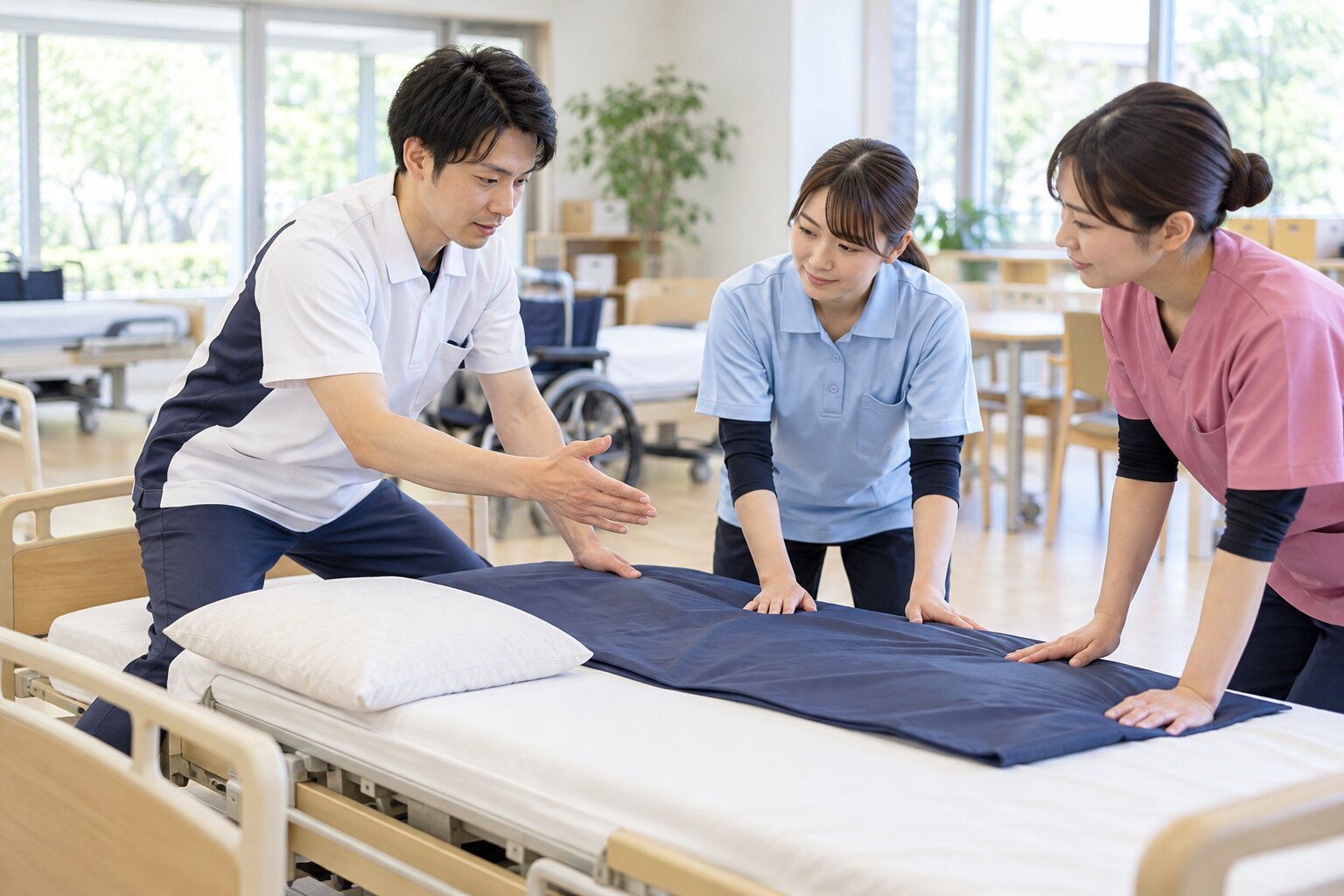 理学療法士が看護・介護スタッフへ身体に負担の少ない介助方法を伝える研修イメージ